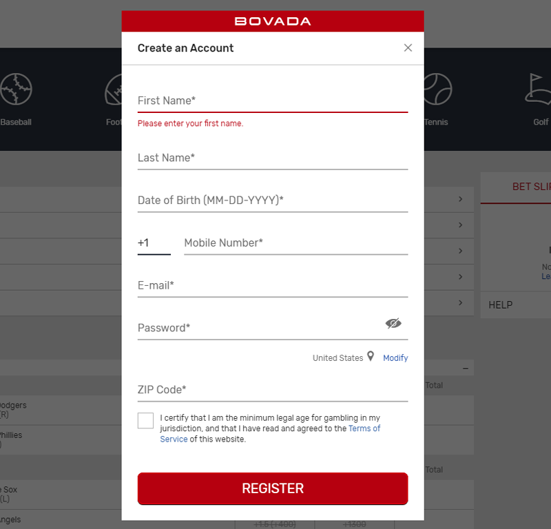 Bovada’s registration form