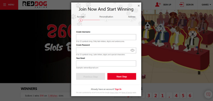 The Red Dog Casino’s registration form