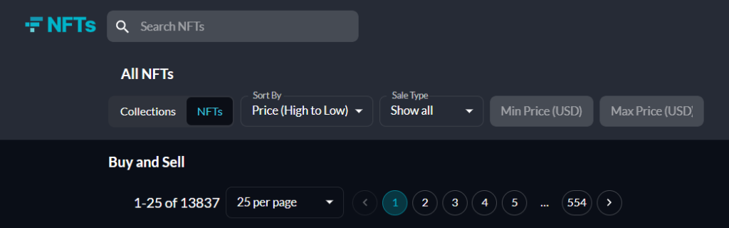 NFT FTX buy and sell section