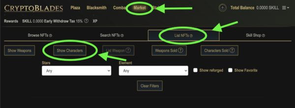 The essentials of seeling a CryptoBlades character: Market, NFT lists, and Stow Characters