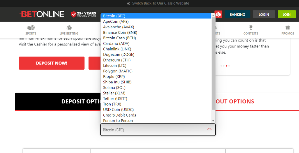 BetOnline website: cryptocurrency options