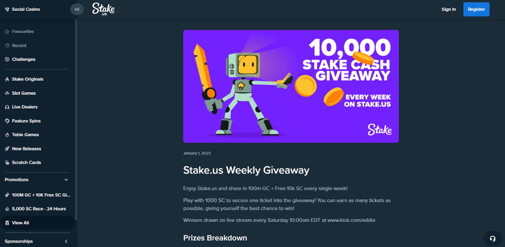 Image of the 10,000 Stake Cash Giveaway bonus: robot, white lettering on a blue background