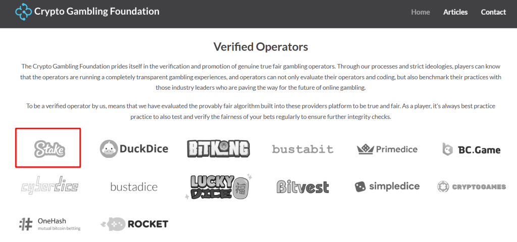 Stake as a member of the Crypto Gambling Foundation