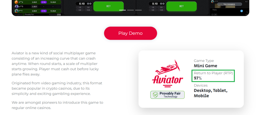 Aviator crypto game RTP % displayed on the official website
