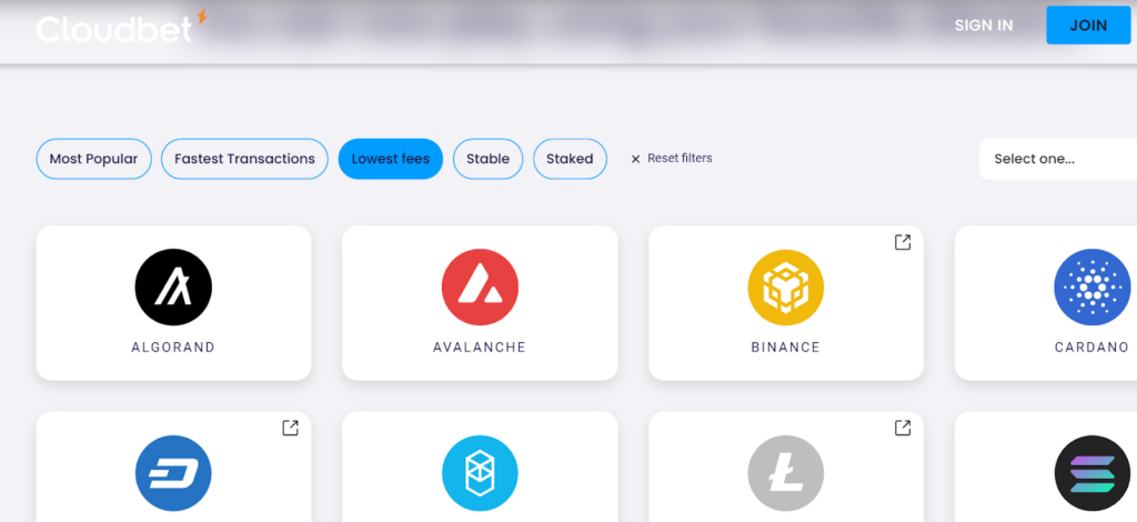 Cloudbet crypto payment filters: Most Popular, Fastest Transactions, Lowest Fees, Stable, and Staked