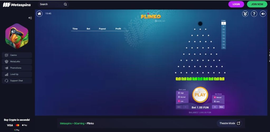 BGaming Plinko game offered by the Metaspins crypto casino 