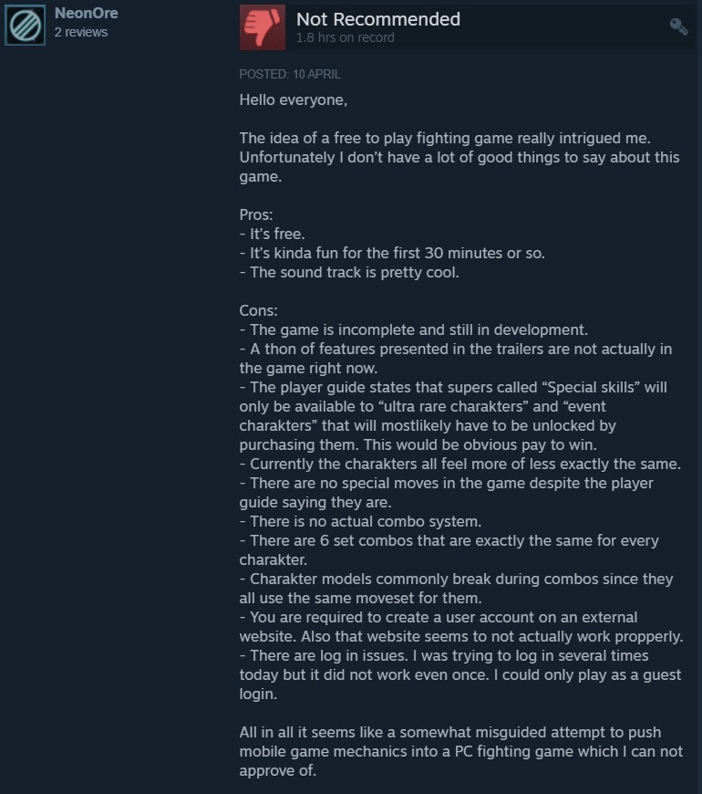  A long negative review taken from Steam 