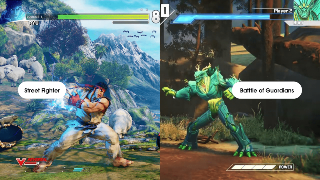 A contrast of two games: Street Fighter on the left and BOG on the right 