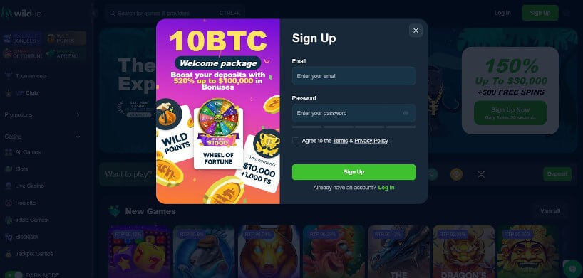 Wild.io casino registration form 