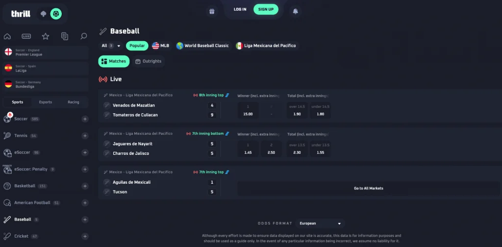 Baseball leagues covered by Thrill