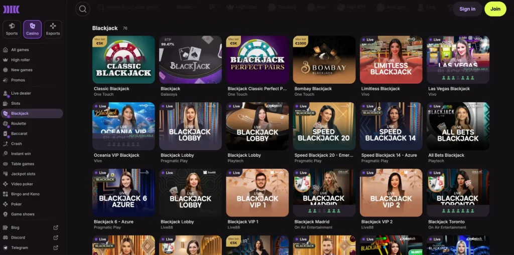 Cloudbet blackjack lobby