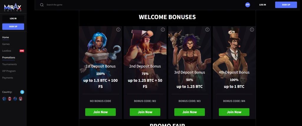 Mirax casino welcome bonus page