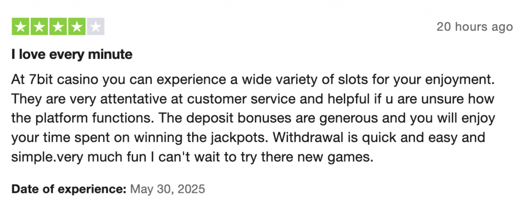 User review example on 7bit from TrustPilot