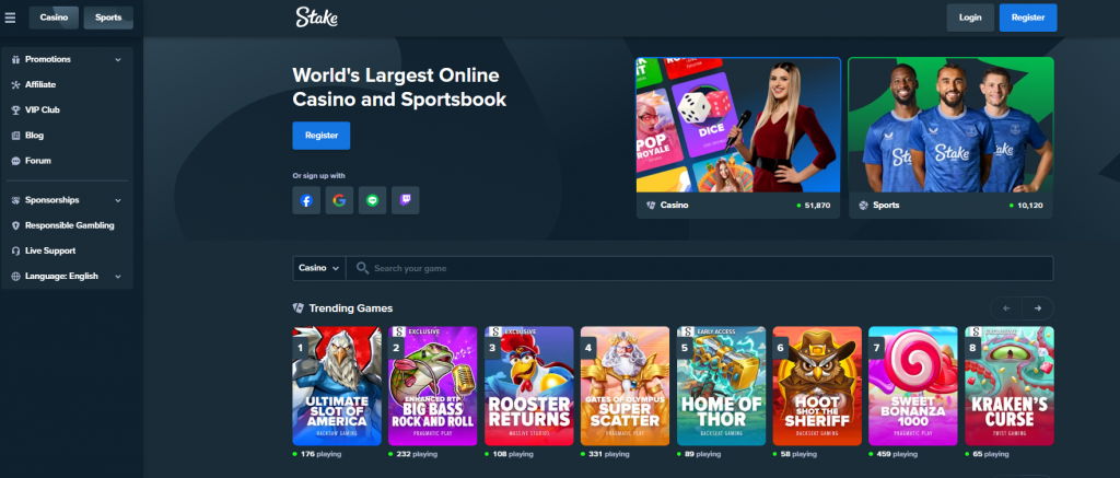Stake.com altcoin casino main page