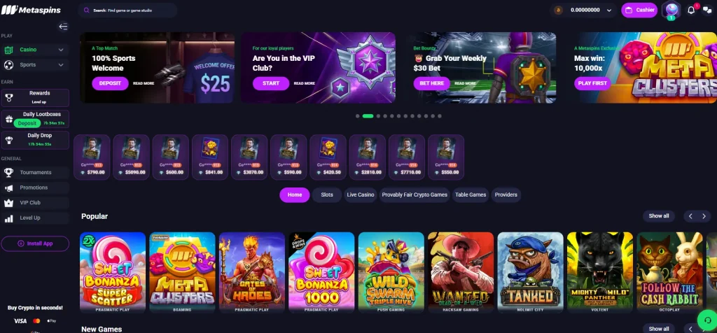 Metaspins Bonus buttons on the home page