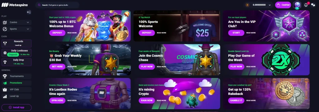 Metaspins bonus page overview