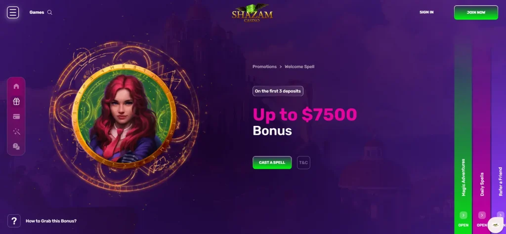 Shazam Casino no deposit bonus page access