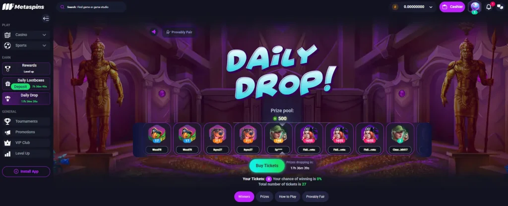 bonus Metaspins interface: Daily Drop