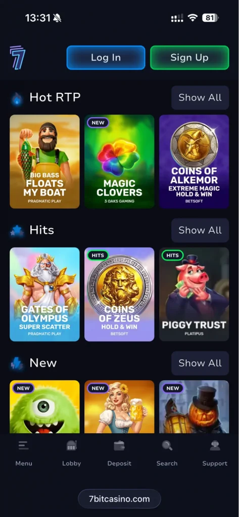 Mobile casino lobby