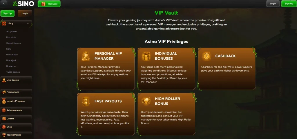 Asino casino no deposit bonus options and other highlighted benefits
