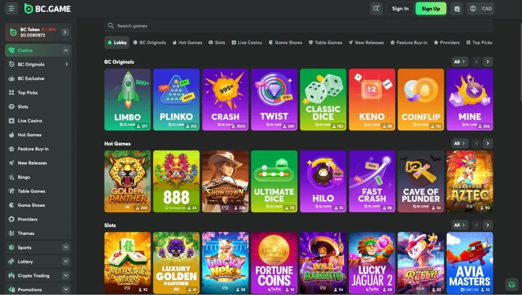 BC Game Review Casino Lobby