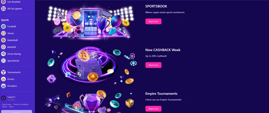 Empire.io casino bonus system