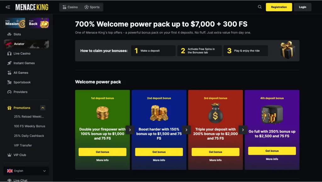 Menace King Casino bonuses
