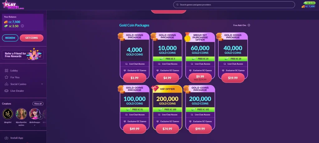 PlayFame casino coin packages