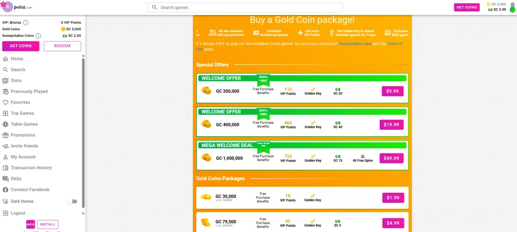 Pulsz Casino packages