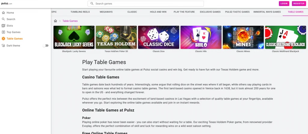 Pulsz Casino table games