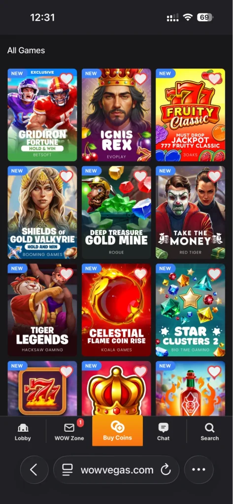 The casino lobby on mobile