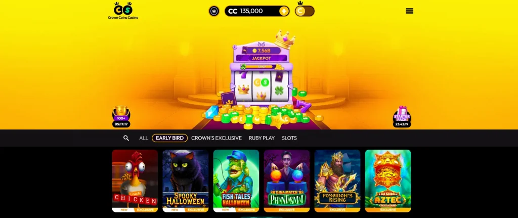 Crown Coins Casino no deposit bonus - home lobby page