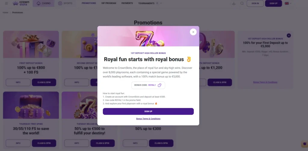 Crown Slots reload bonus