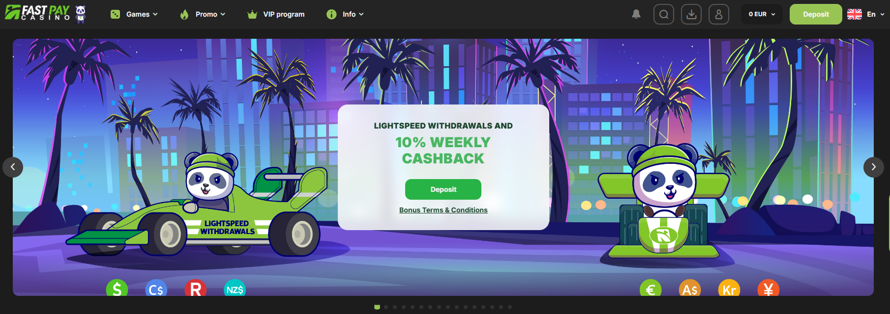 Screenshot of Fastpay casino homepage showcasing no-deposit bonus offers