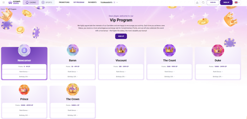 VIP program overview, including Crown Slots no deposit bonus options