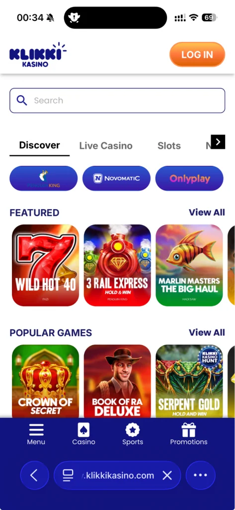 Mobile interface of the casino