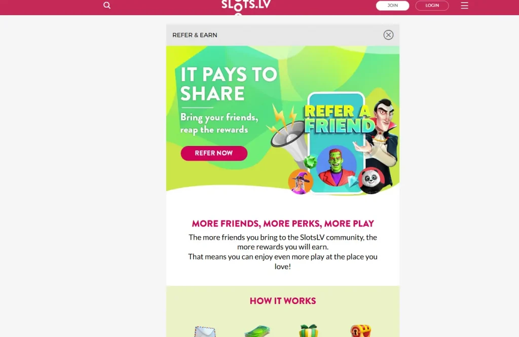 Slots.LV no deposit bonus refferal perks