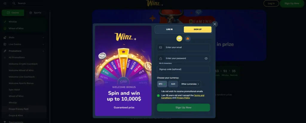 Winz.io no deposit bonus must be used in ‘Signup code’