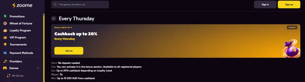 Zoome cashback bonus