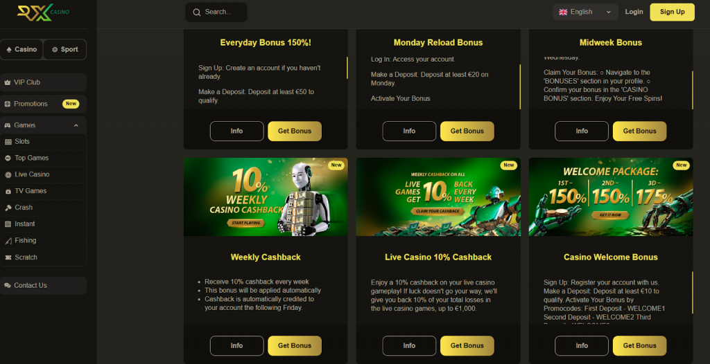 Cashback and other bonuses listed