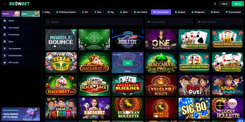 Blackjack, roulette, and baccarat games