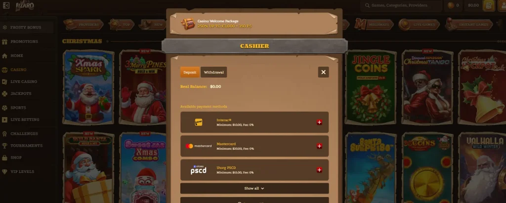 Lizaro online casino cashier