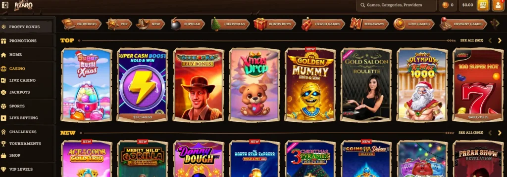 Lizaro online casino lobby