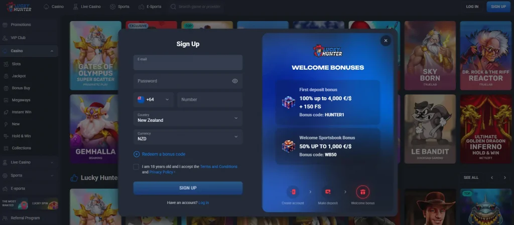 Lucky Hunter registration screen