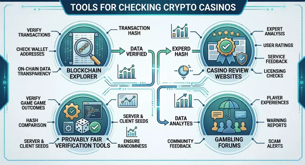 tools for checking crypto casinos including blockchain explorers and review platforms