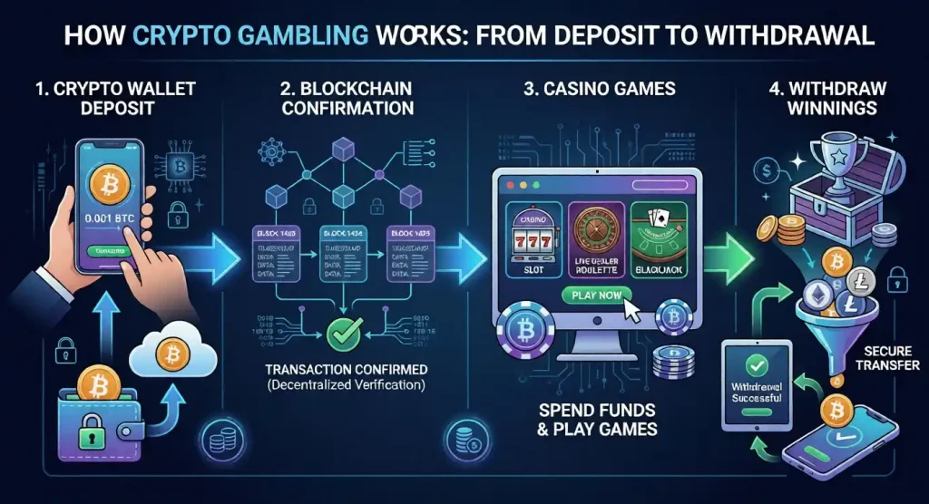 diagram explaining how crypto gambling works from deposit to withdrawal