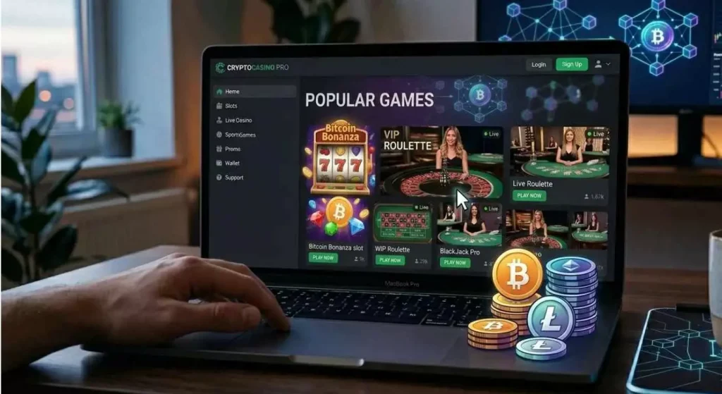 player choosing crypto casino games like slots blackjack and roulette