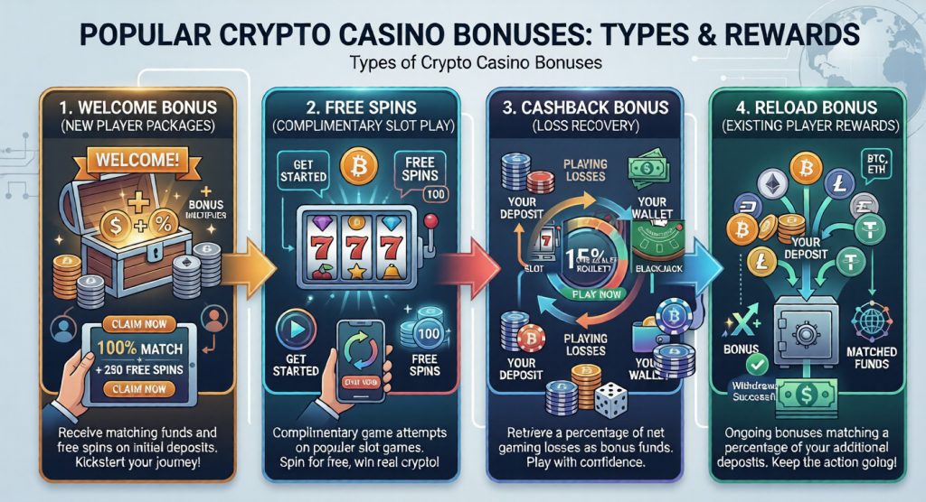 popular crypto casino bonuses including free spins cashback and deposit rewards