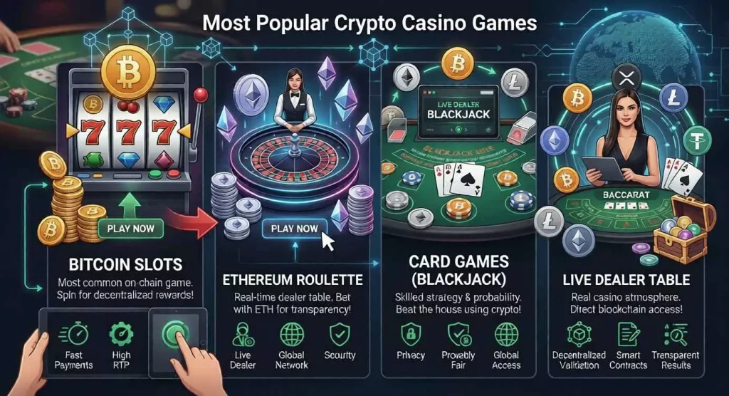 most popular crypto casino games including slots blackjack roulette and baccarat