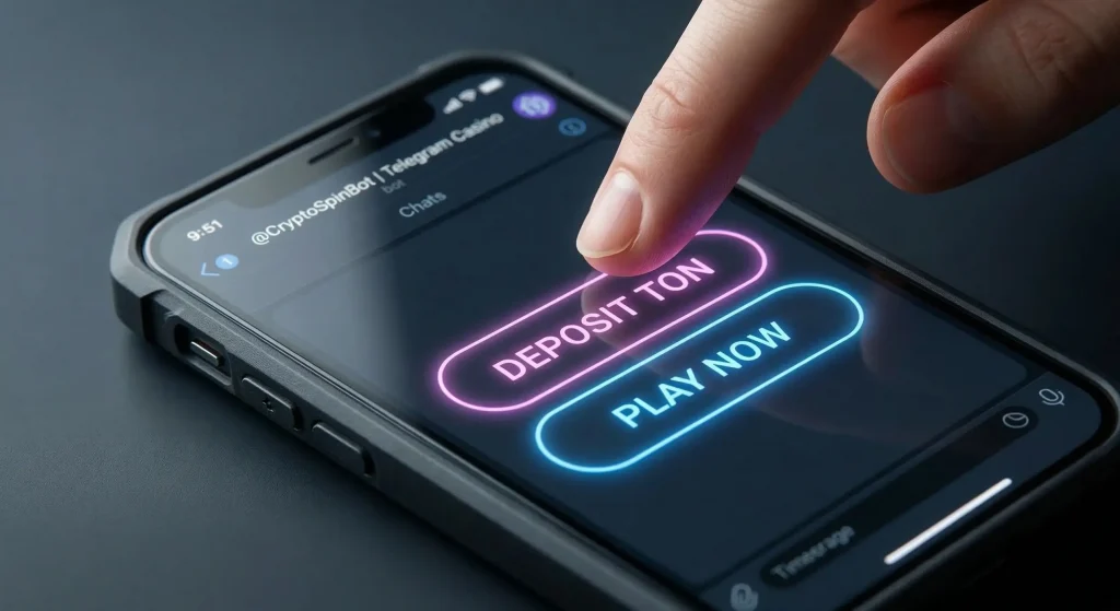Smartphone showing a Telegram casino bot with Deposit and Play buttons